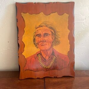 Vintage 1970’s Native American Portrait Art. lacquer wood plaque